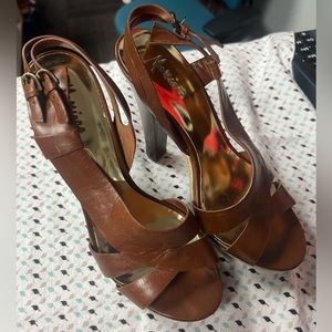 MARCIANO SYBIL BrownLeather Designer Shoes Open Toe Platform Sandals Heels size7